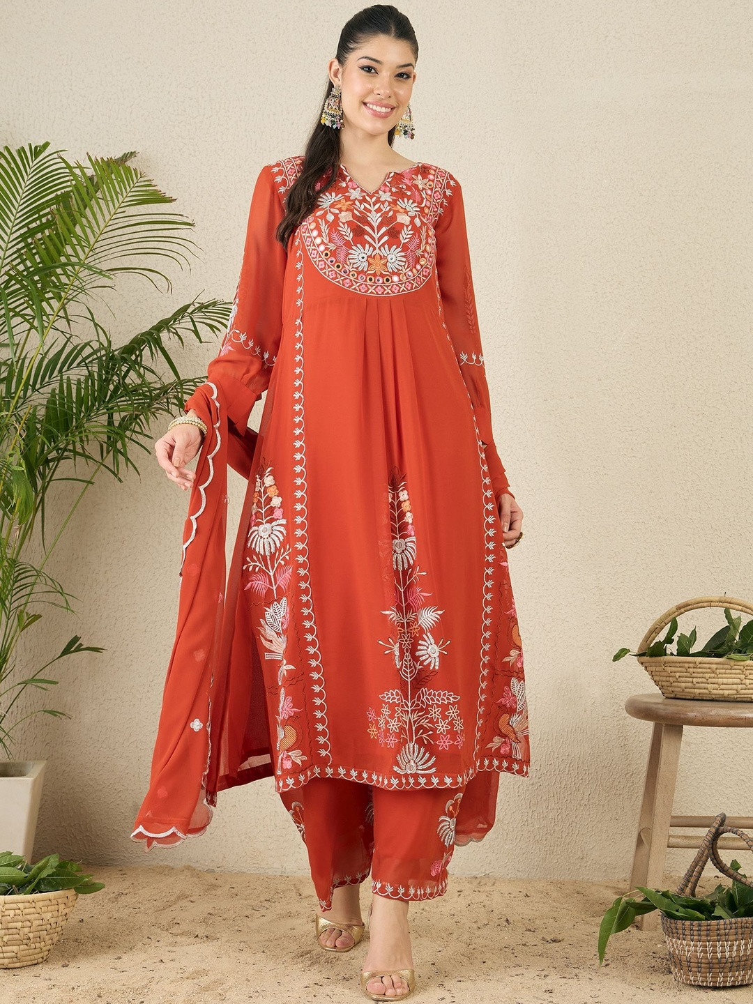 SERONA FABRICS Floral Embroidered V-Neck Thread Work A-Line Kurta With Trouser & Dupatta