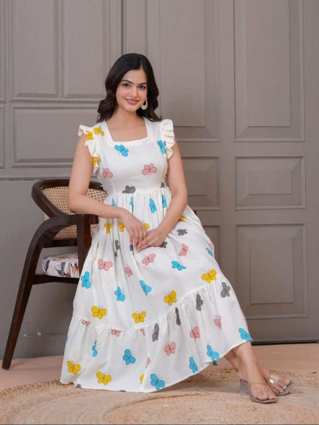 RUNAYA NX Conversational Printed Flutter Sleeves Georgette Fit & Flare Midi Dress