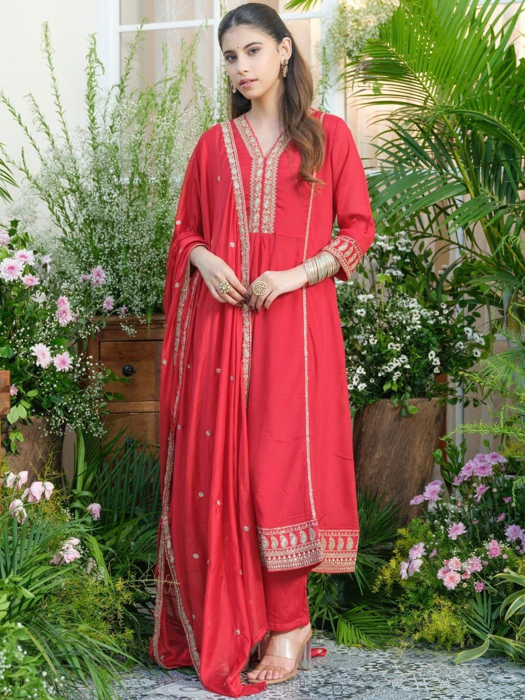 AUTUMN LANE Women Red Rayon Embroidered Panelled Gotta Patti Kurta Trousers & Dupatta