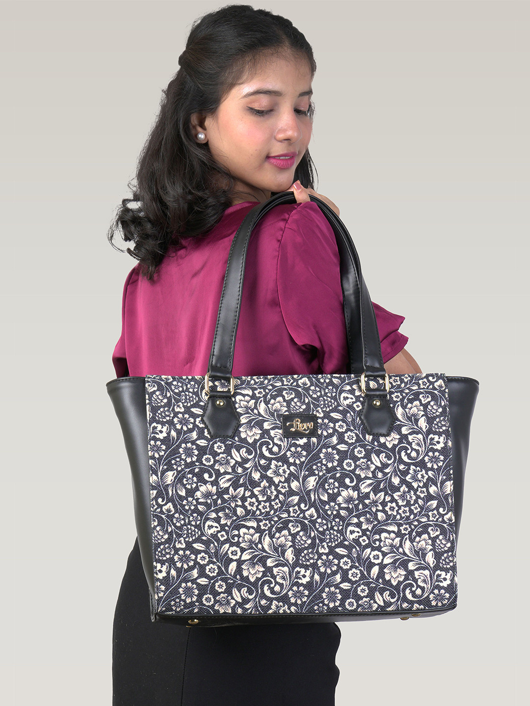 LIVRO Floral Printed Shopper Jute Tote Bag With Detachable Strap