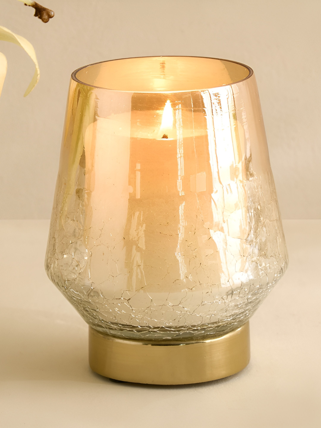 Home Centre Austin Yellow Glass Crackled Candle Holder