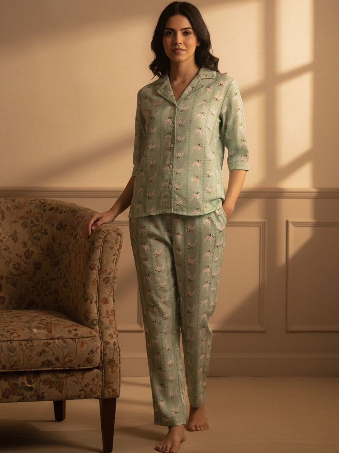 Bannos Swagger Women Printed Lapel Collar Shirt & Pyjamas Night Suit