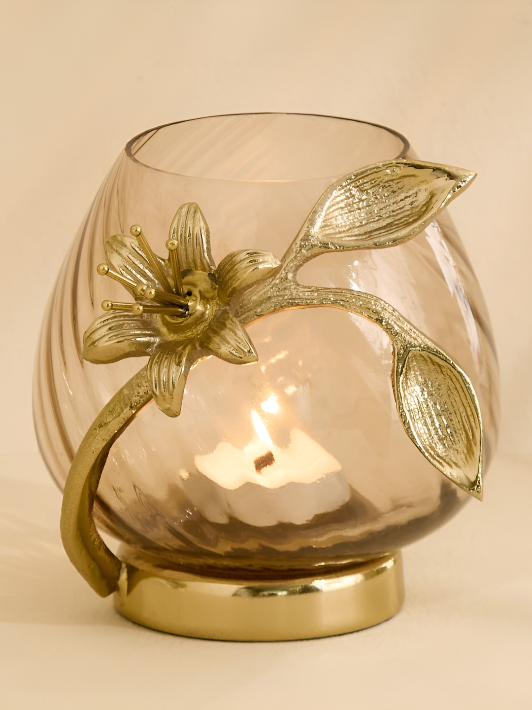 Home Centre Amara Ava Gold-Toned Floral Spiral Textured Glass Candle Holder