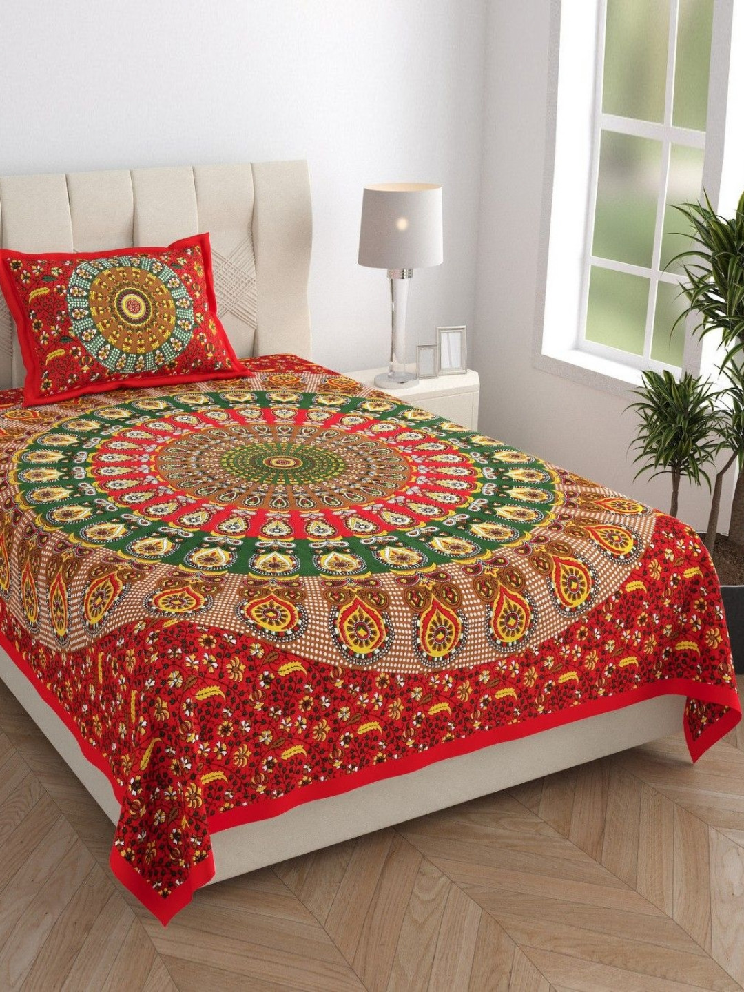 AC FASHION Red & Red Floral 144 TC Single Bedsheet Set 1.50 m x 2.20 m