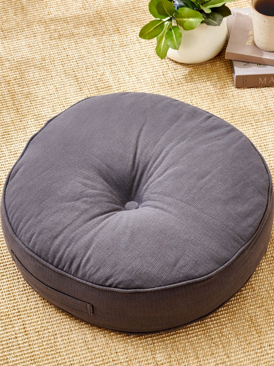 Home Centre Poise Grey Cotton Pre-Filled Round Cushion