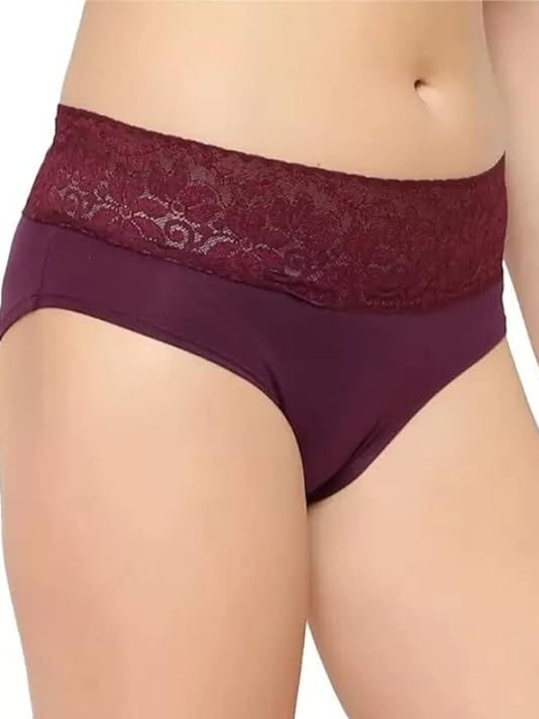 CYMRITE Women Wine Solid Cotton With Fancy Net Lace Panty