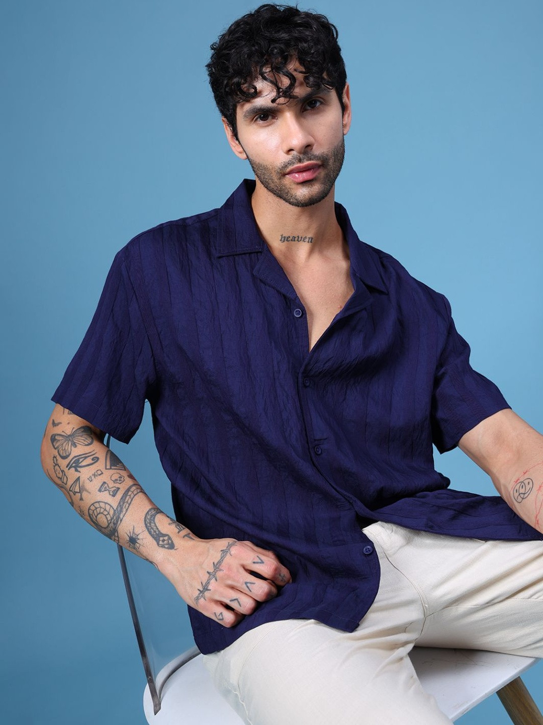 LIMEROAD Men Navy Blue Textured Self Design Shirt