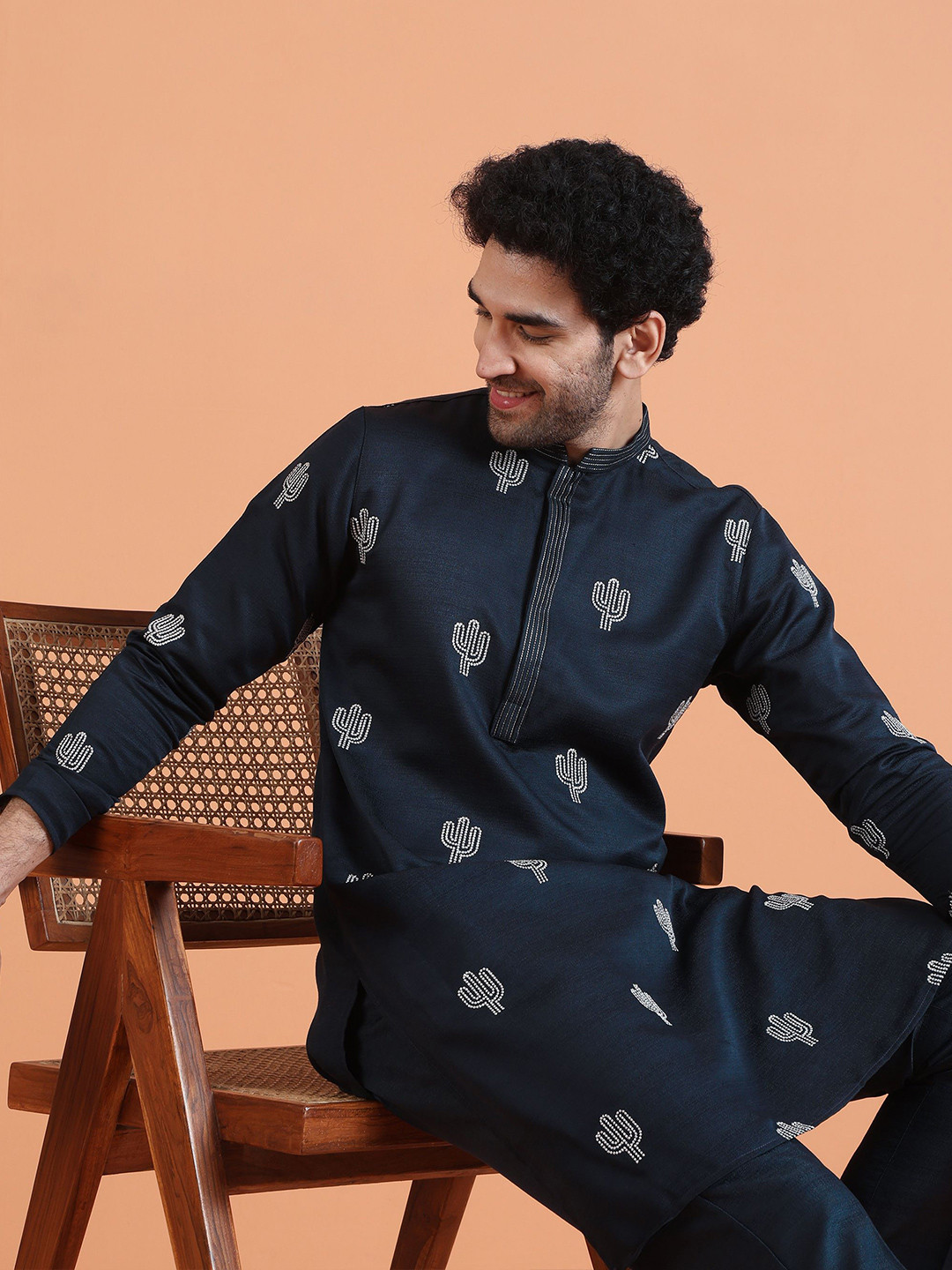 KISAH Cactus Embroidered Mandarin Collar Thread Work Kurta