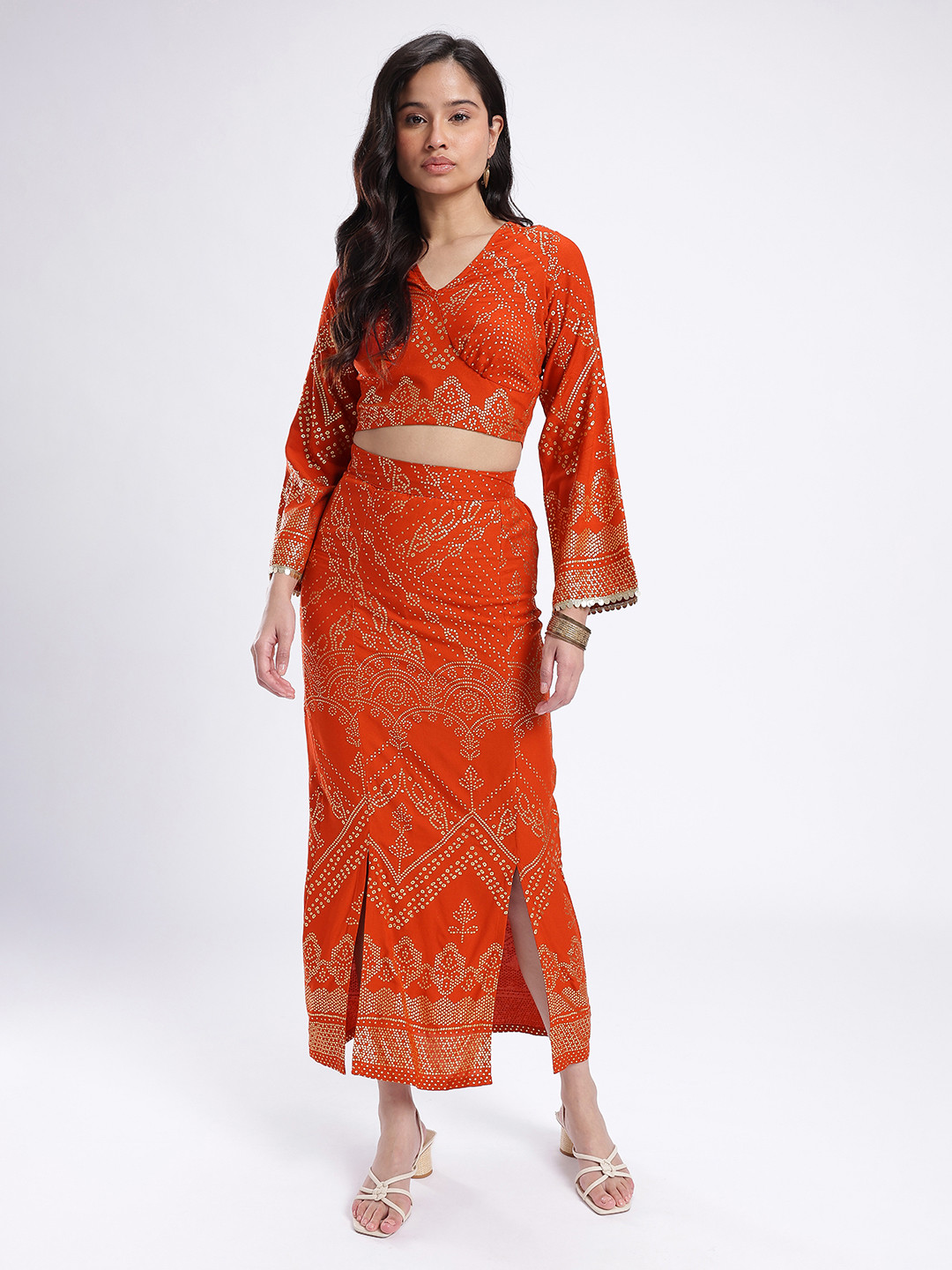 Rust & Gold Foil Printed V-Neck Co-Ords with Sequined Lace