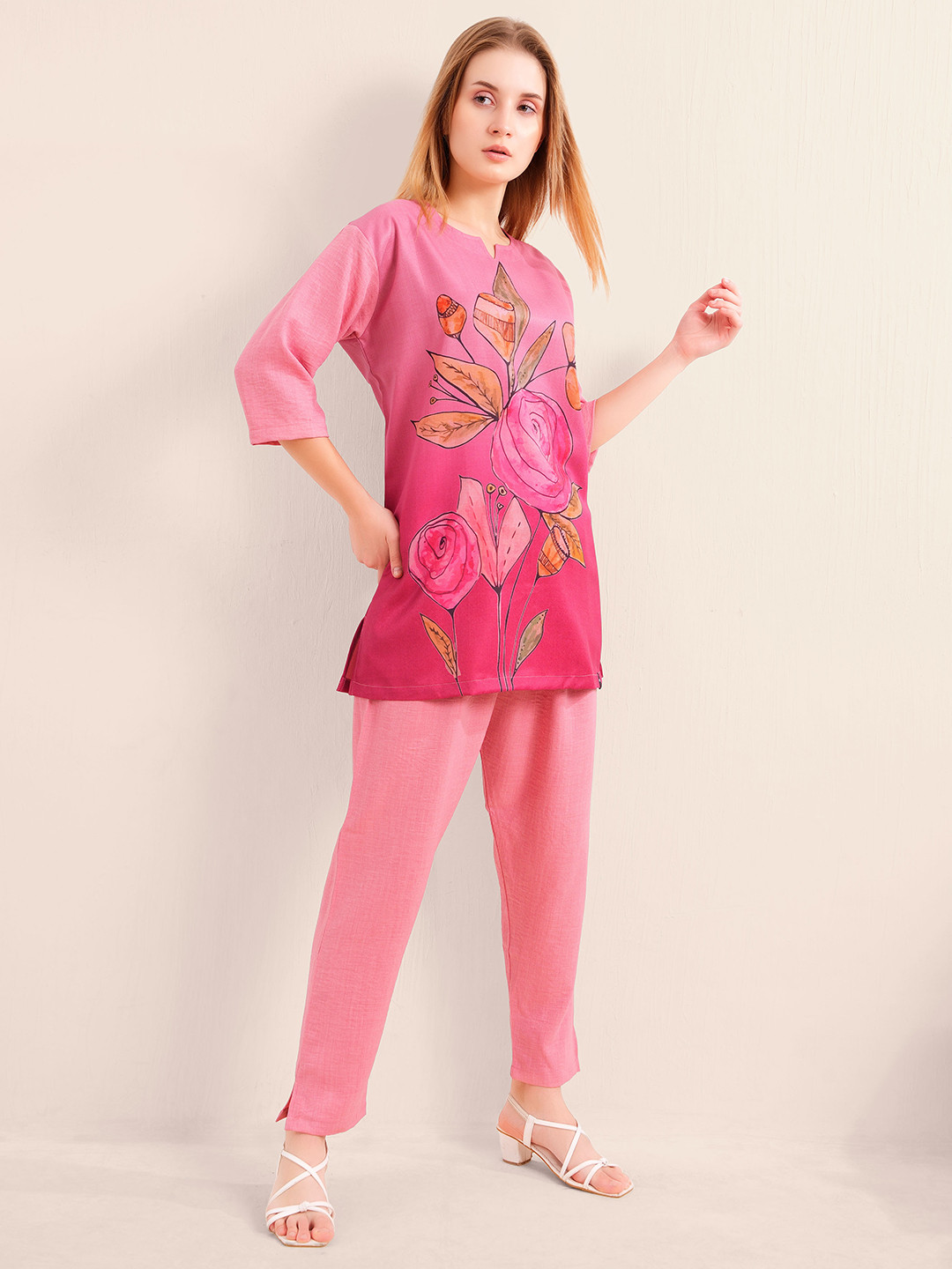 L&M Leisure and Moods Women Floral Printed Regular Linen Kurti with Trousers