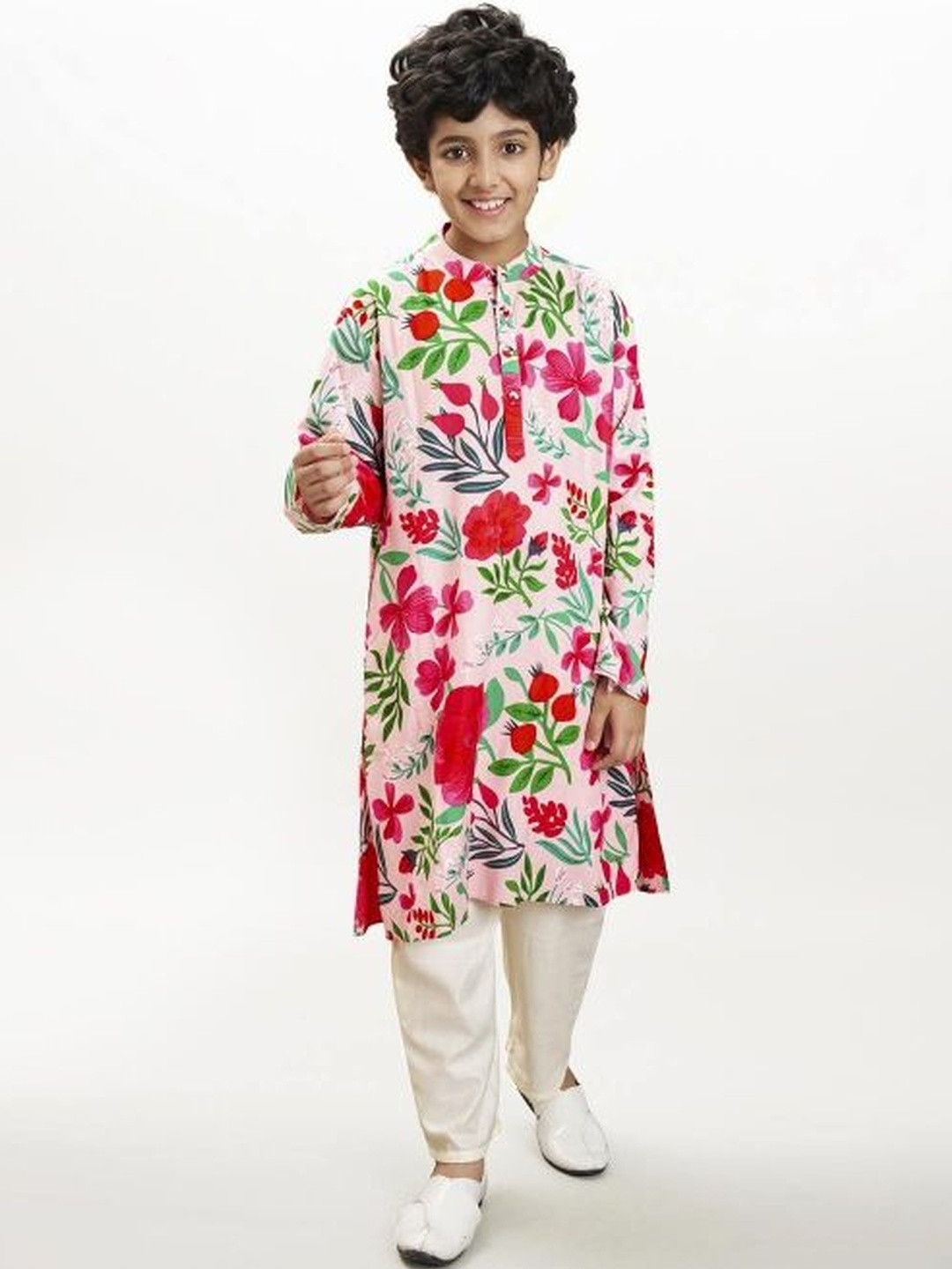 Bittu By Bhama Boys Floral Printed Mandarin Collar Regular Kurta with Pyjamas