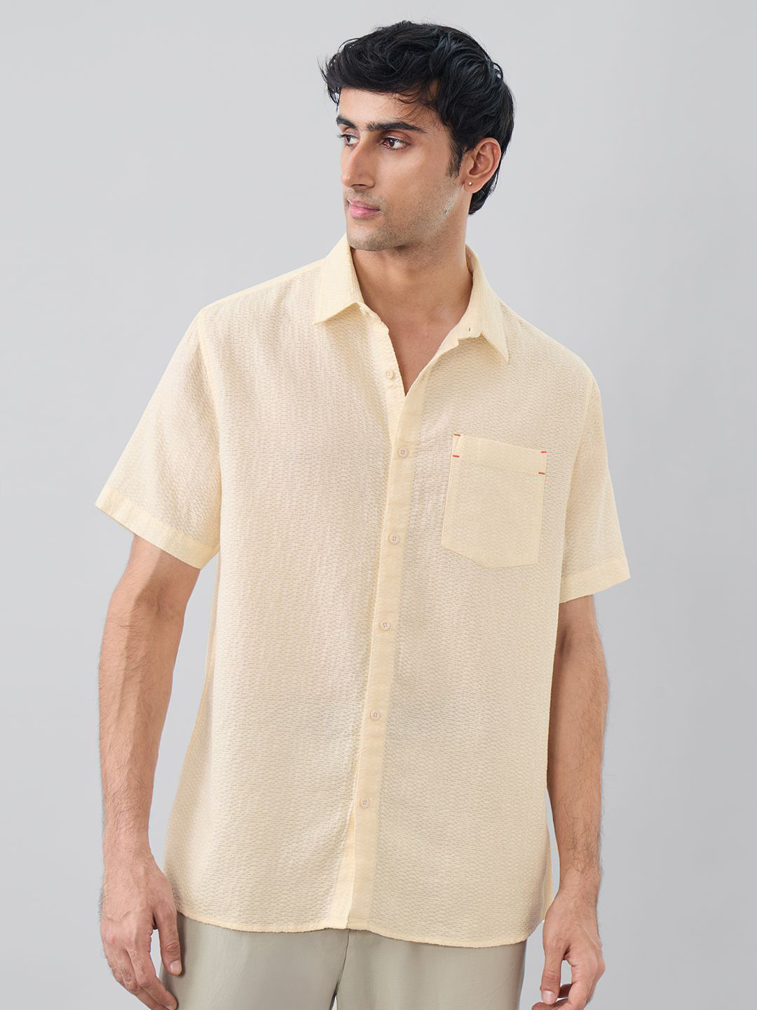 The Souled Store Textured Spread Collar Pure Cotton Casual Shirt