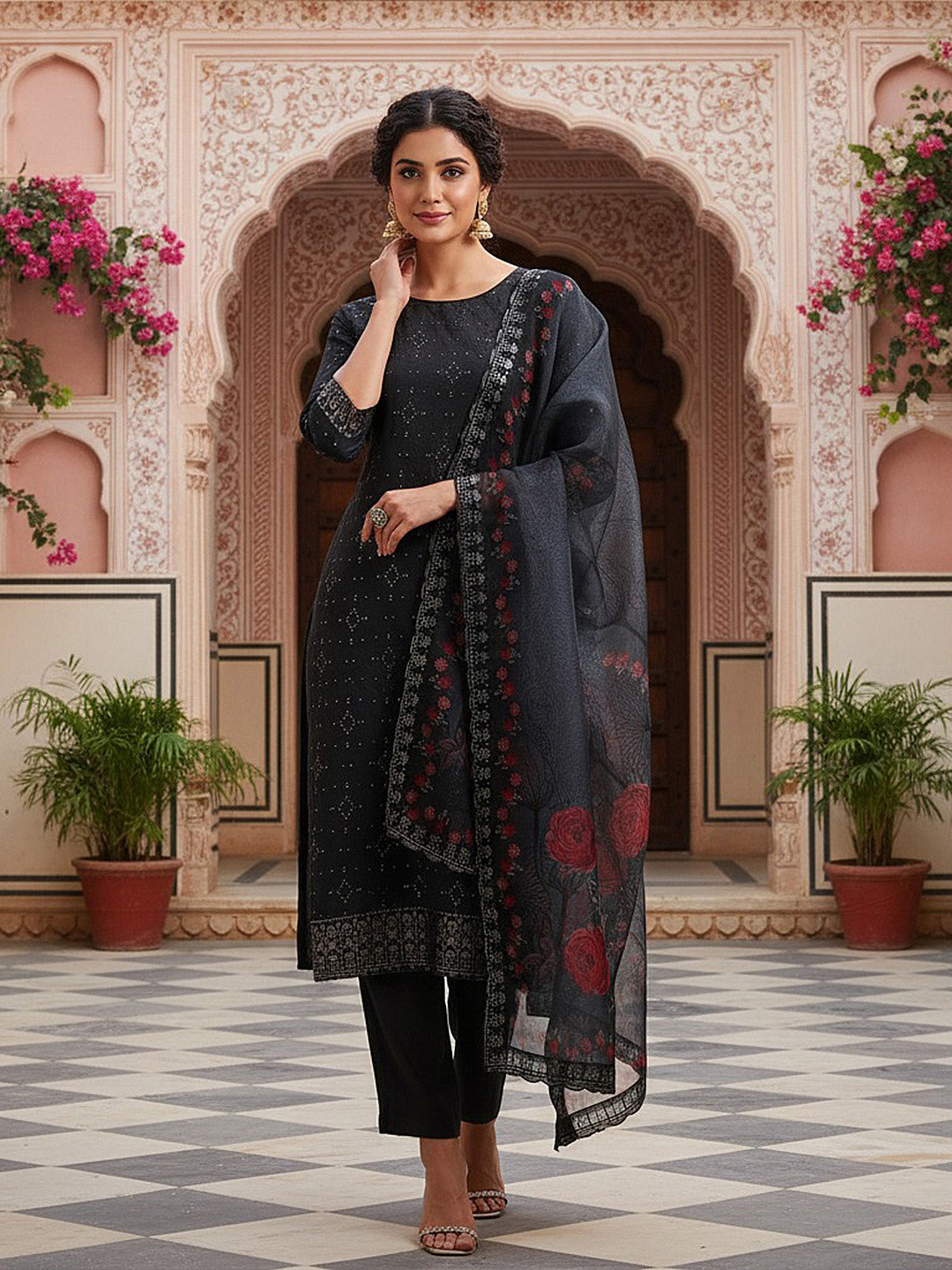 AHIKA Geometric Embroidered Sequinned Organza Straight Kurta with Trouser & Dupatta