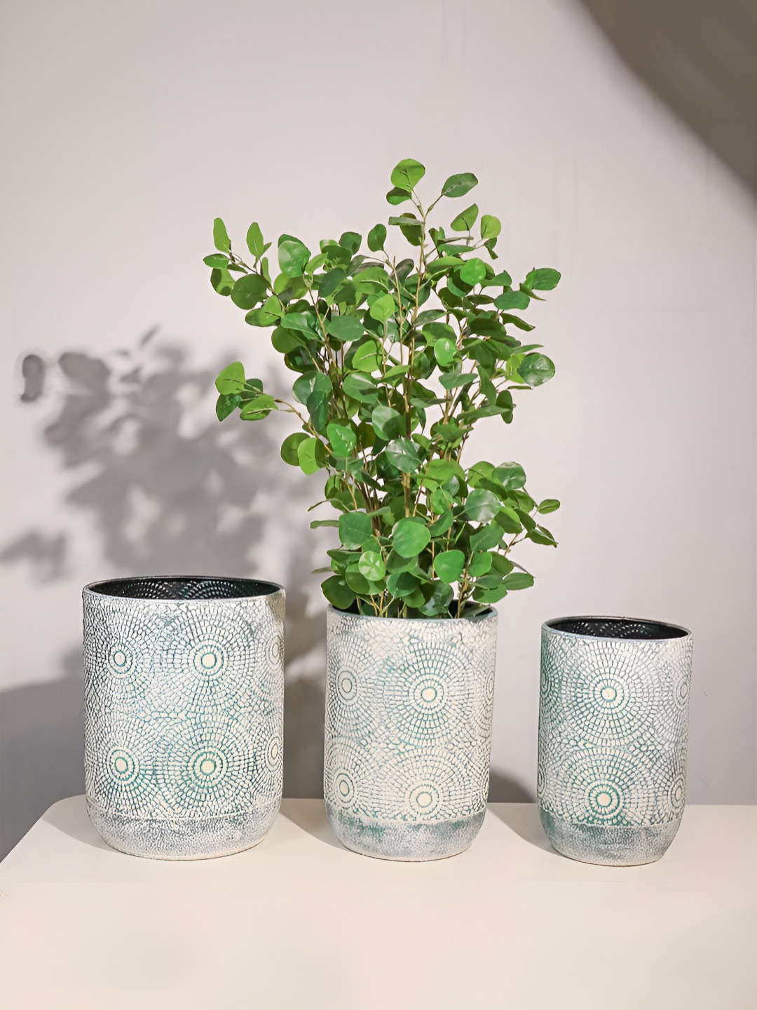Art Street 3 Pieces Teal Blue & White Textured Metal Planters