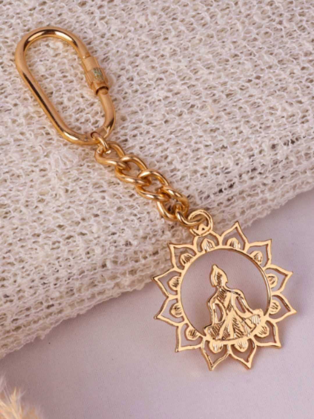 Elita Unisex Gold Plated Decorative Lotus Flower Buddha Key Chain With Carabiner Clip