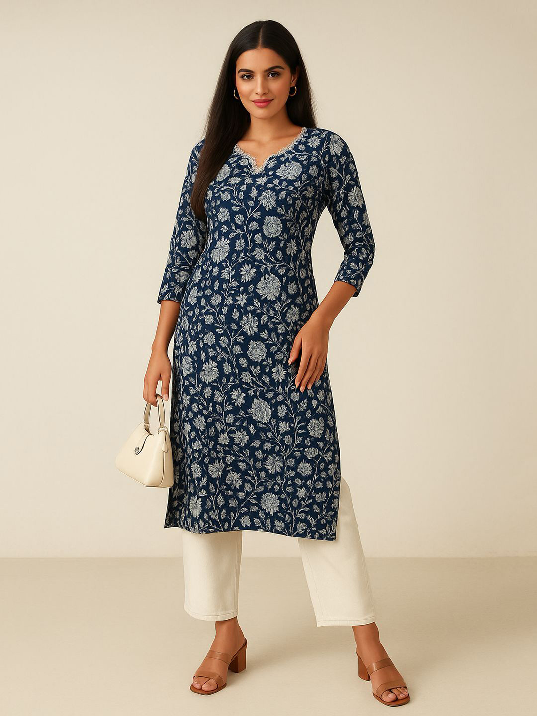 Eco Clothing Women Ethnic Motif Printed Beads and Stones Cotton Straight Kurta