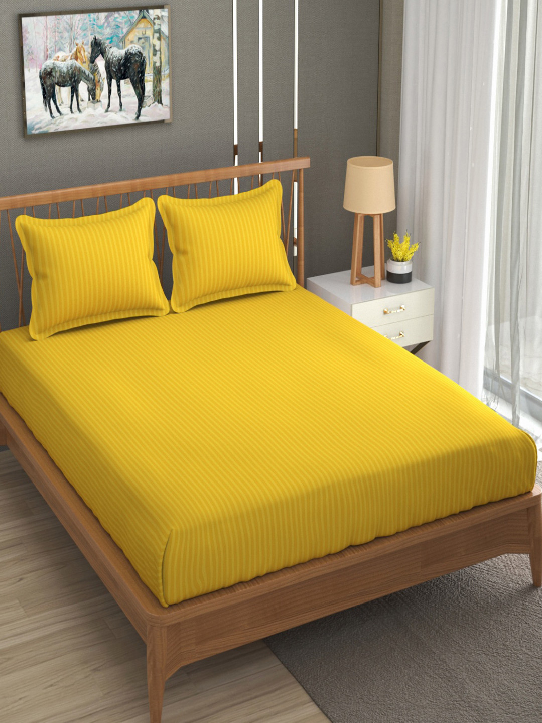 Aura Yellow Striped Microfiber 160 TC Fitted King Bedsheet Set 1.98 m x 1.82 m