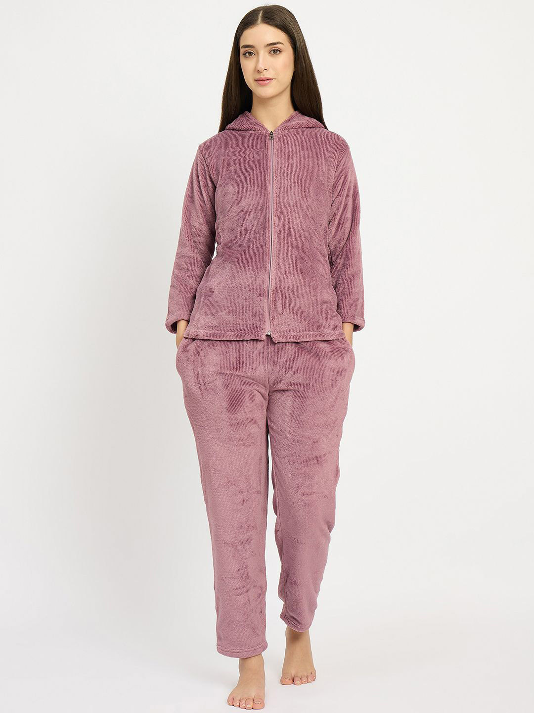 Camey Women Winter Full Sleeve Jacquard Zipper Hoody Top and Pyjamas Nightsuit