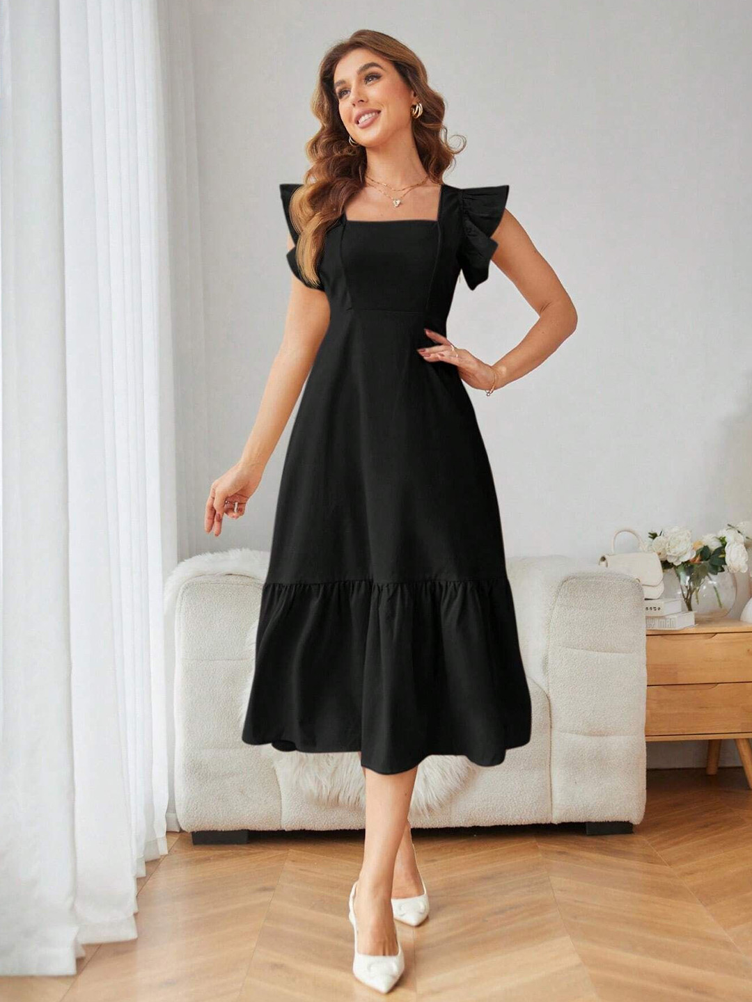 Anni Designer Women Solid Gathered or Pleated Tiered Fit & Flare Midi Dress
