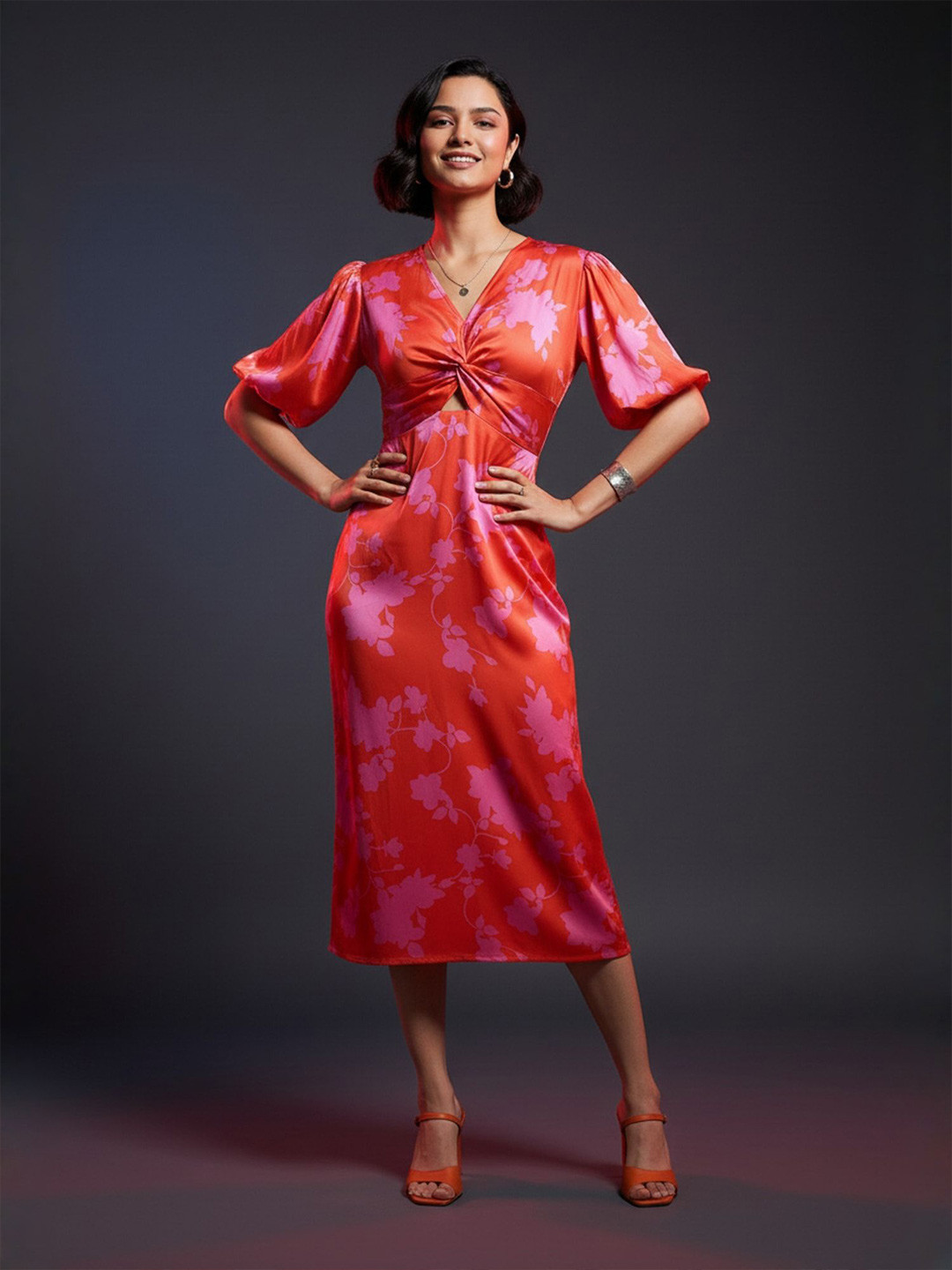 ZUMMER Front Twisted Floral Printed Puff Sleeve Satin Sheath Midi Dress