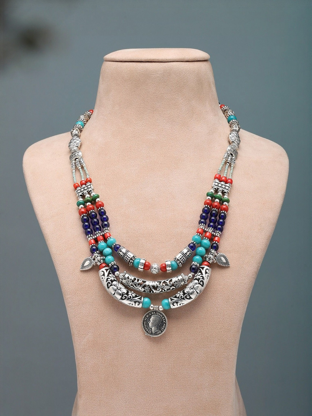 Exotic India Beaded Sixpence Coin Layered Necklace