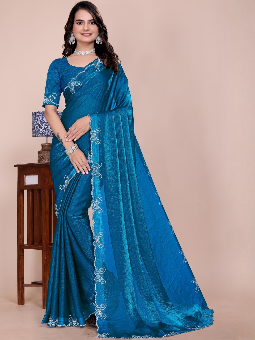 MAHALASA Ethnic Motifs Embroidered Satin Handloom Saree