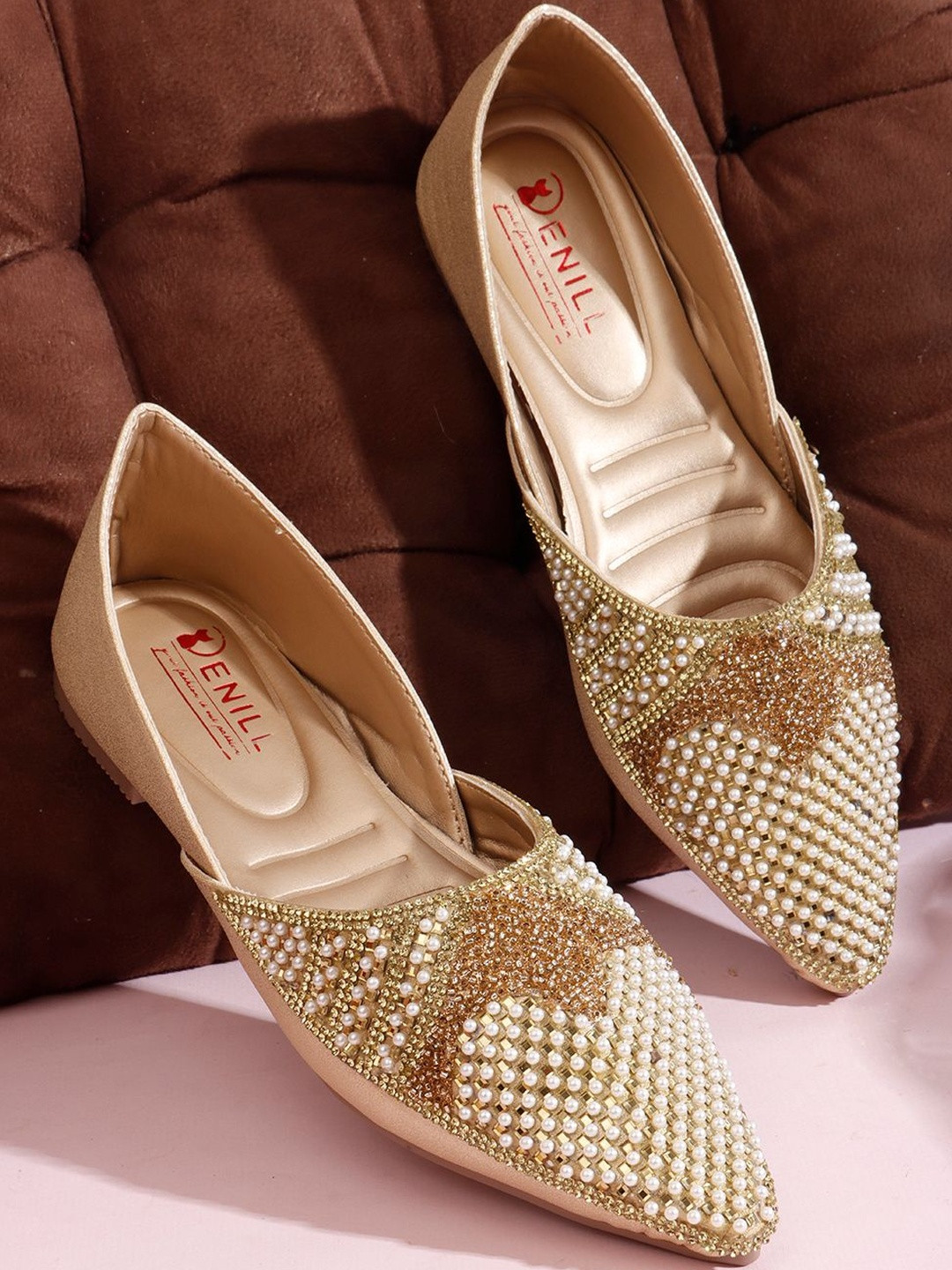 Denill Women Golden Sequins Embellished Pointed Toe Synthetic Leather Slip On Ballerinas