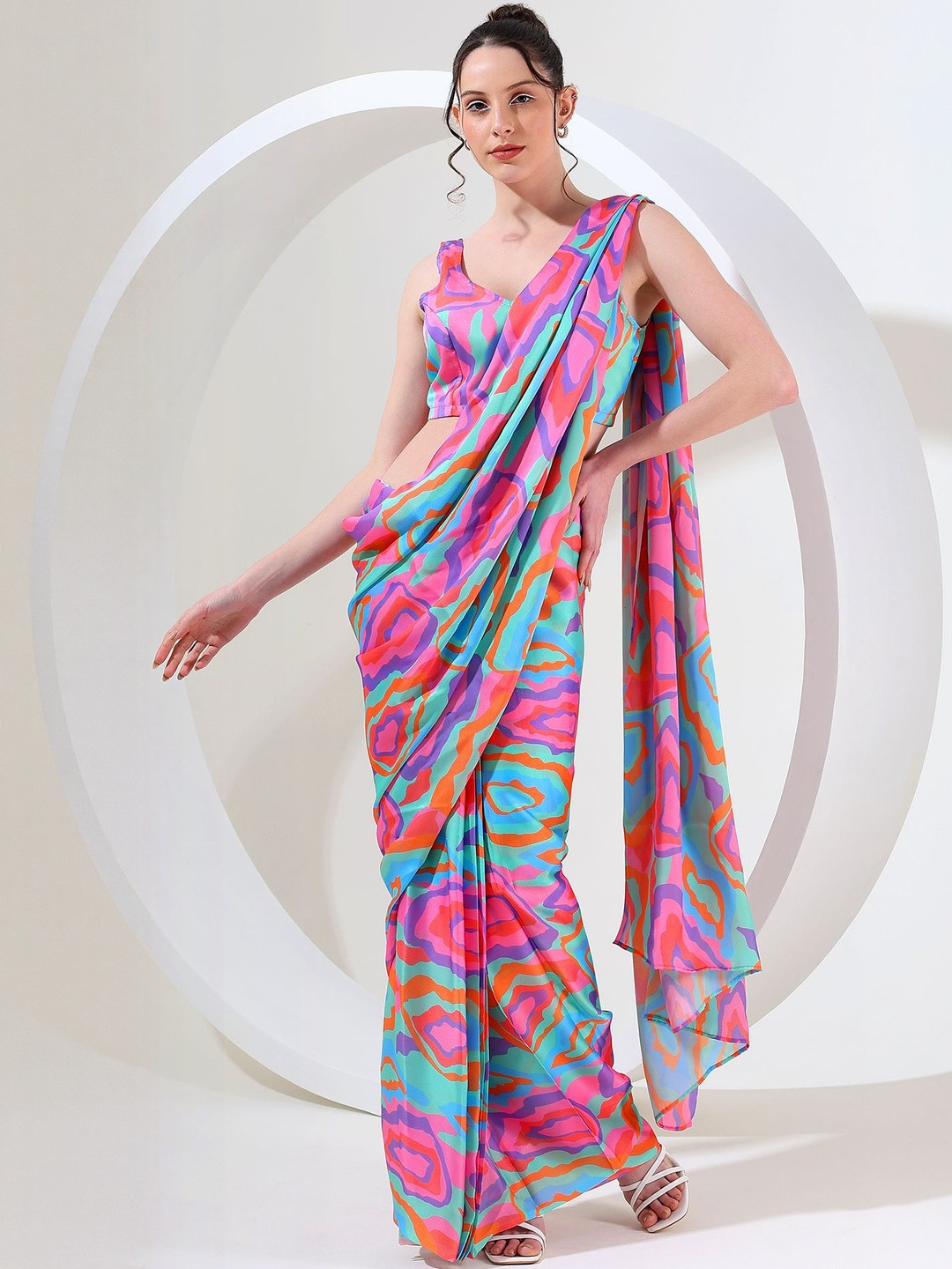 House of Kaftan Abstract Printed Satin Designer Saree