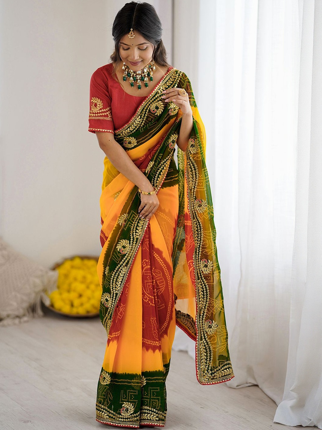 Mitera Bandhani Printed Pure Georgette Saree With Unstiched Blouse Piece