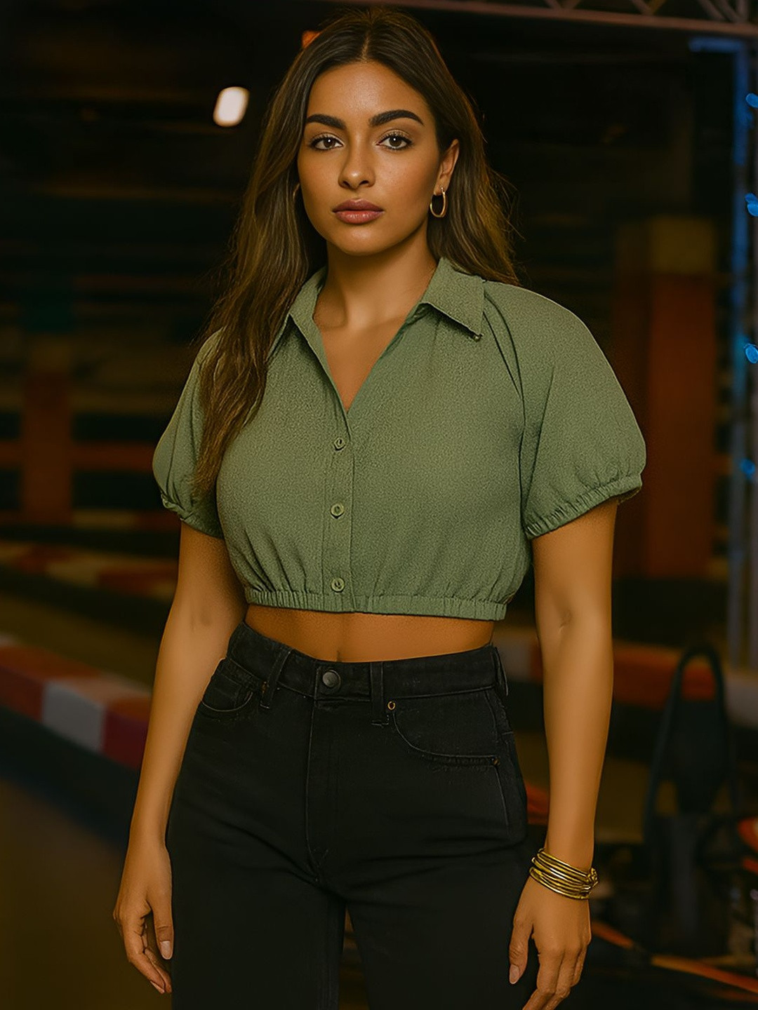 don't be basic Women Puff Sleeve Crop Blouson Top