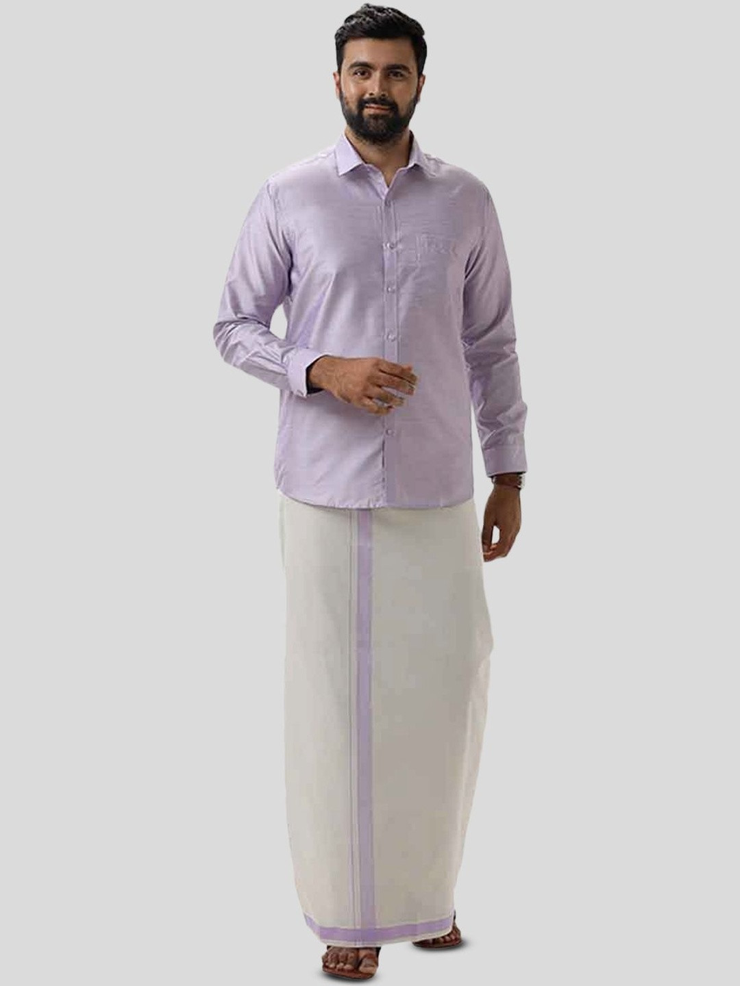 UATHAYAM Men Lavender Matching Full Sleeve Shirt and Single Dhoti Set