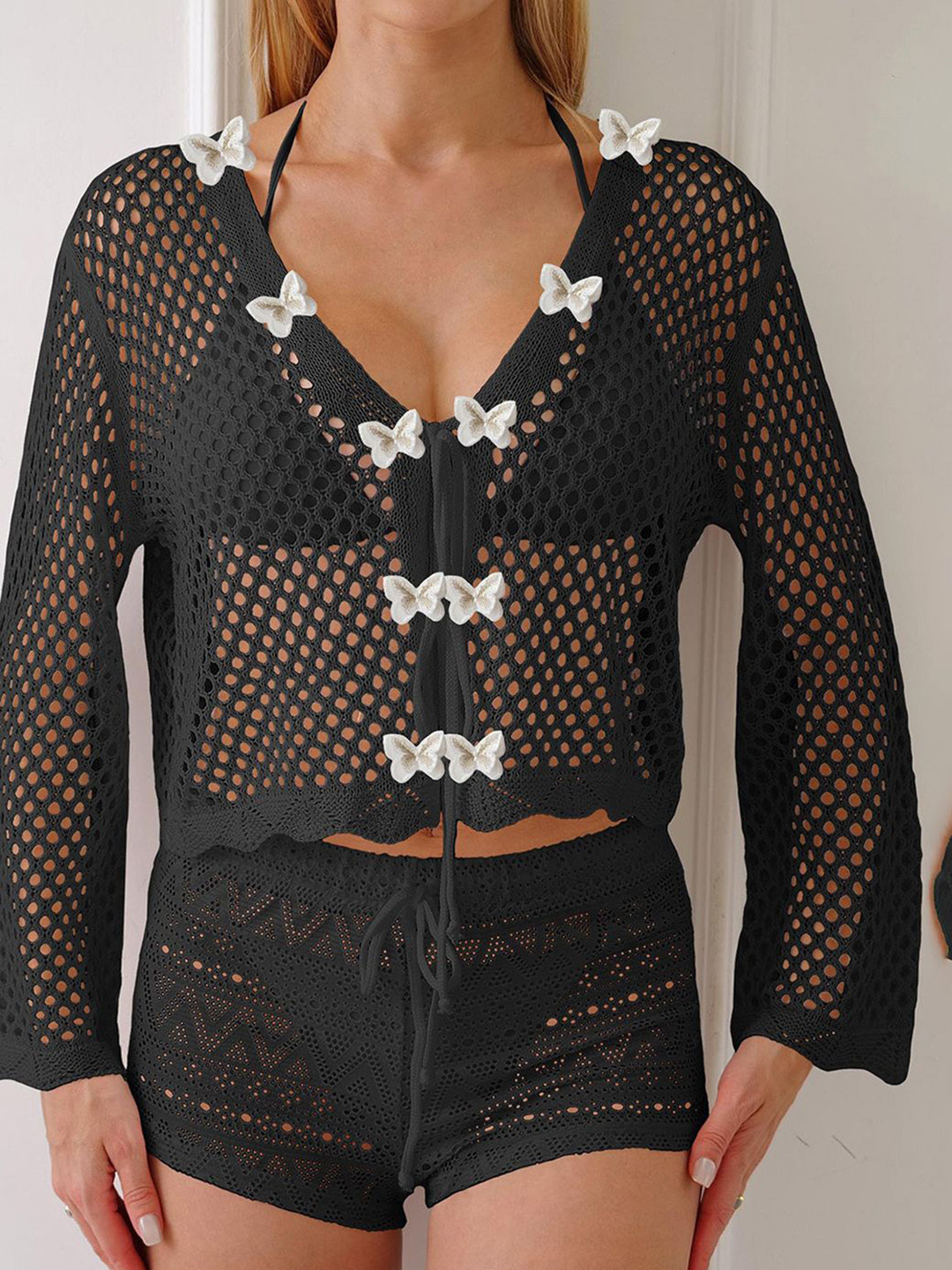 JC Mode Black Crochet Embroidered V-Neck Swimwear Cover up Top