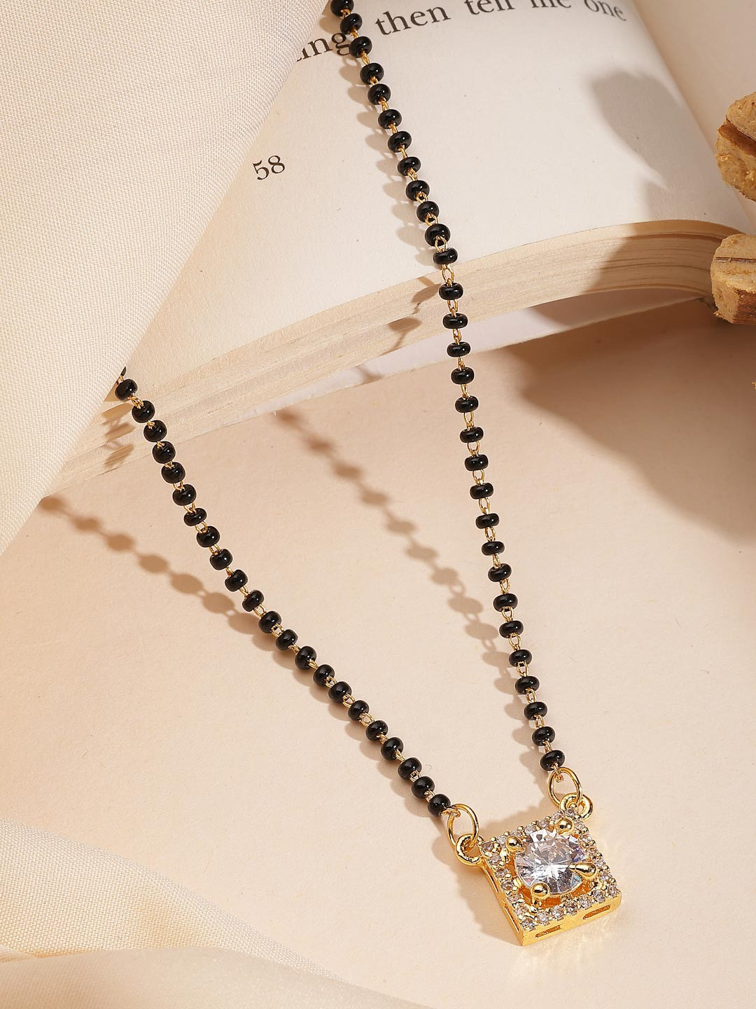 ADIVA 18K Gold-Plated American Diamond Studded & Beaded Mangalsutra