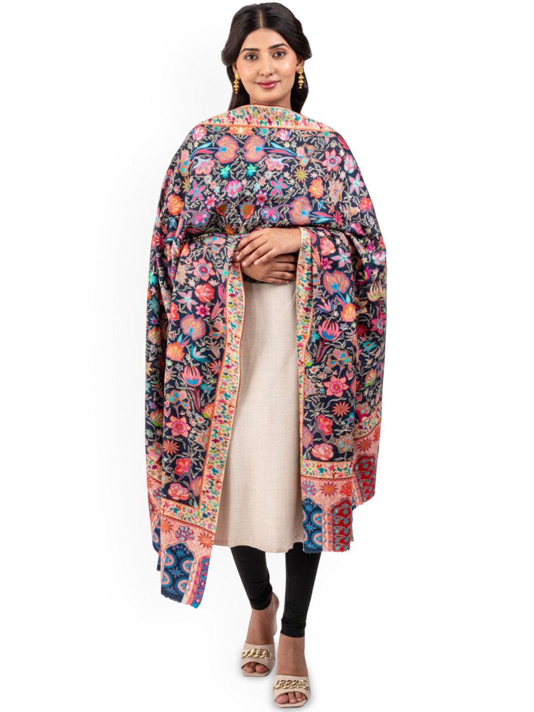 Naureen Women Floral Kalamkari Embroidered Shawl