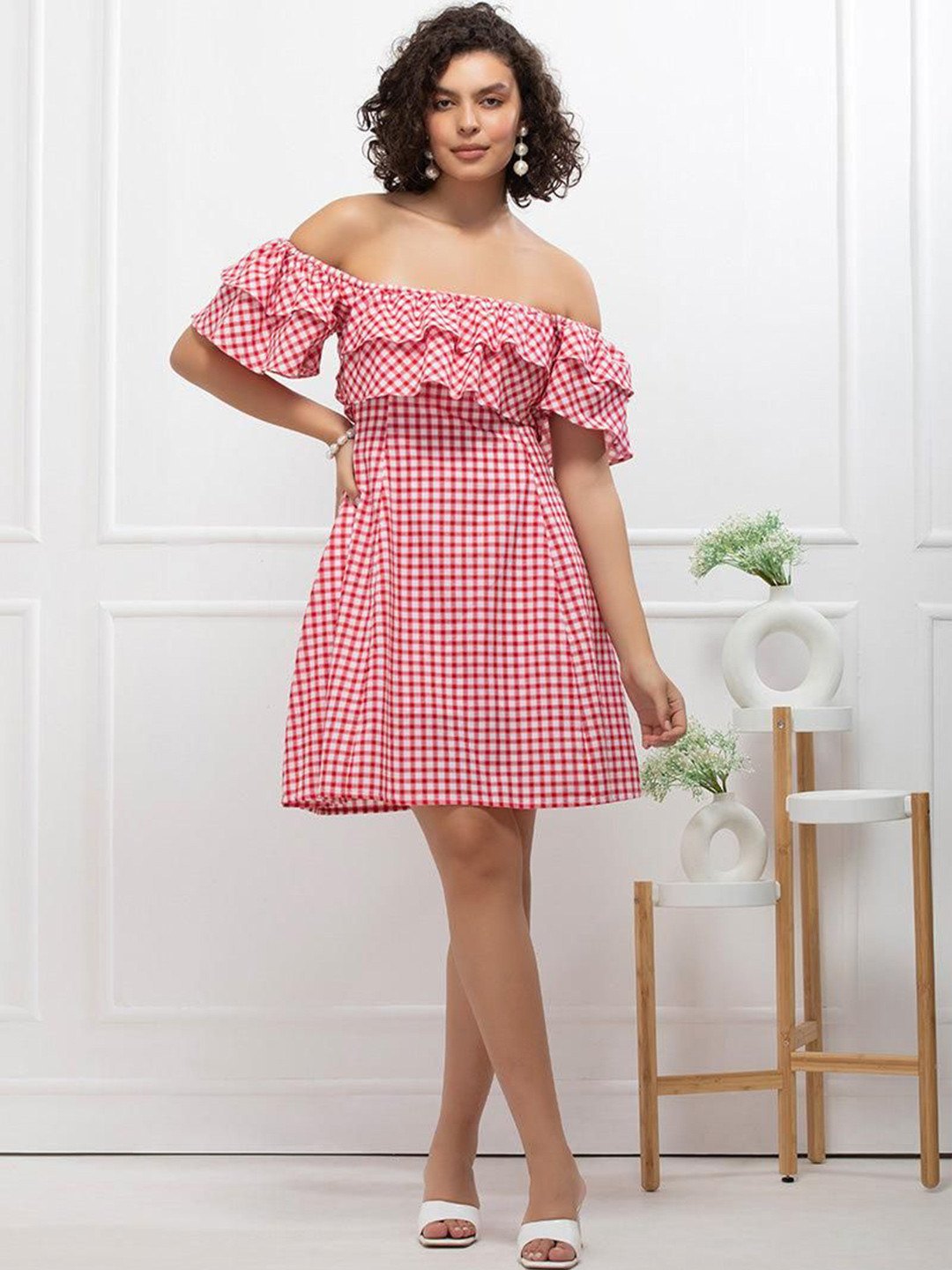 House of Abeena Women Checked Off-Shoulder A-Line Dress