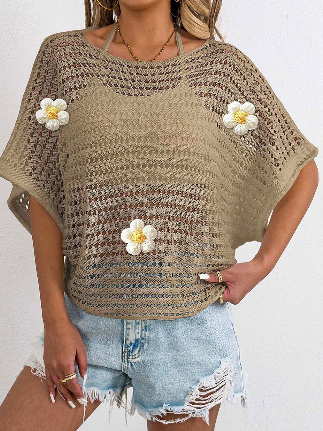 JC Mode Floral Batwing Sleeve Crochet Top