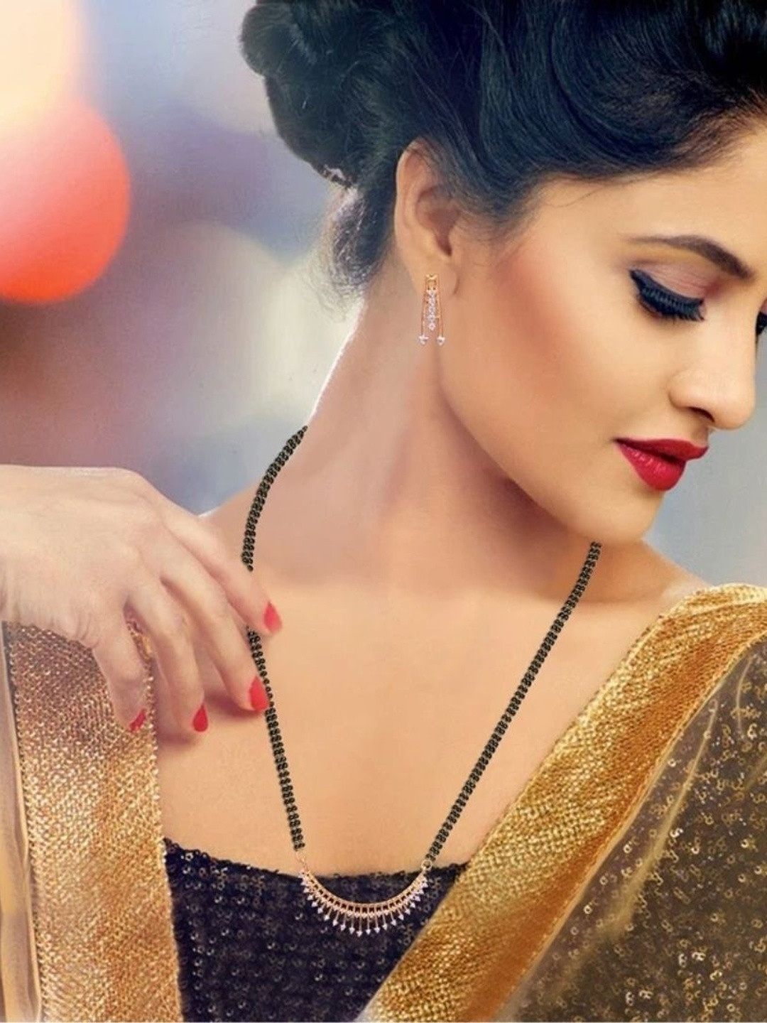 Suvasana Artificial Stones Studded & Beaded Mangalsutra With Earrings