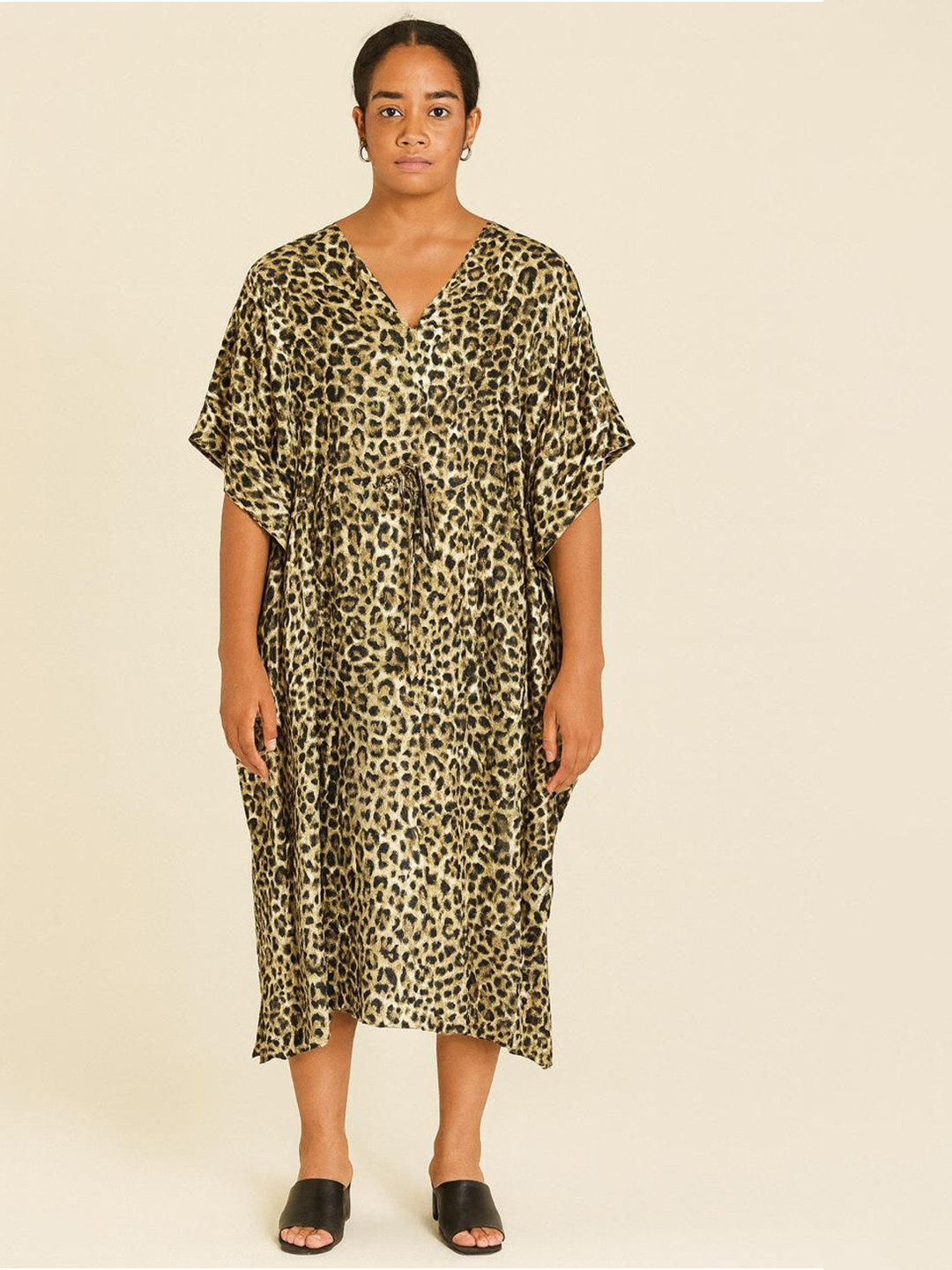 DESIGN ELEMENTS Animal Print Kimono Sleeve Kaftan Midi Dress
