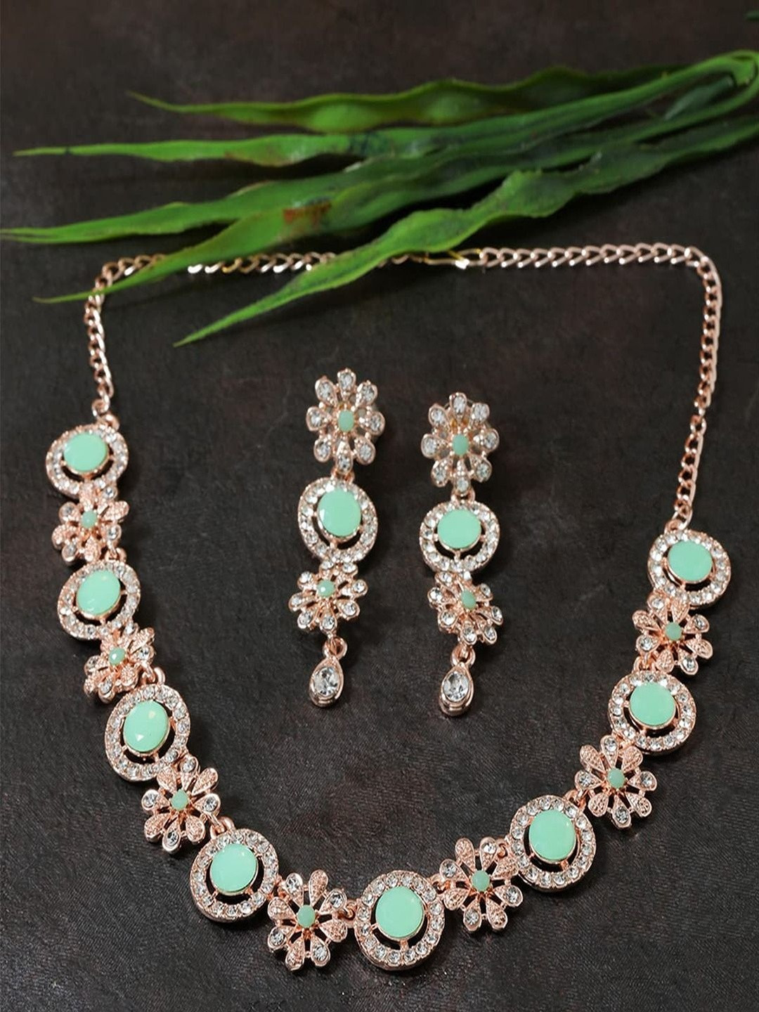 AccessHer Women Rose Gold Plated Floral Rhinestone Necklace Set with Earrings