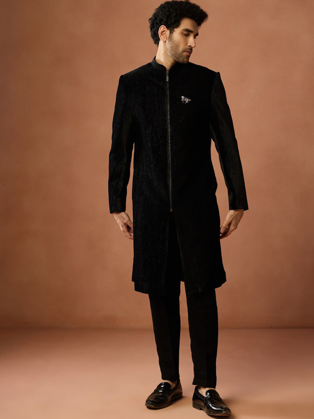 KISAH Men Black Zipper Indowestern Sherwani with Zip Trouser Set