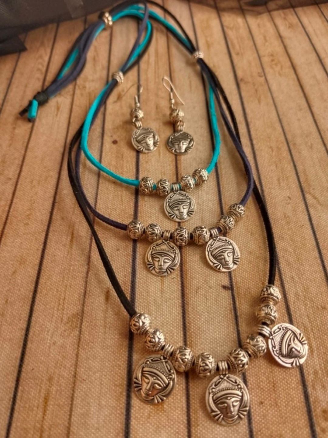 JewelSana German Silver Goddess Face Triple Layer Necklace