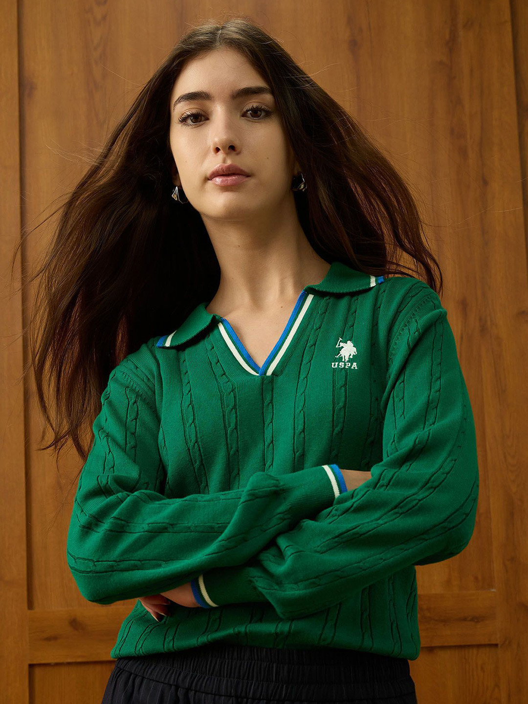 U.S. Polo Assn. Women Shirt Collar Cable Knit Full Sleeve Pullover Sweater