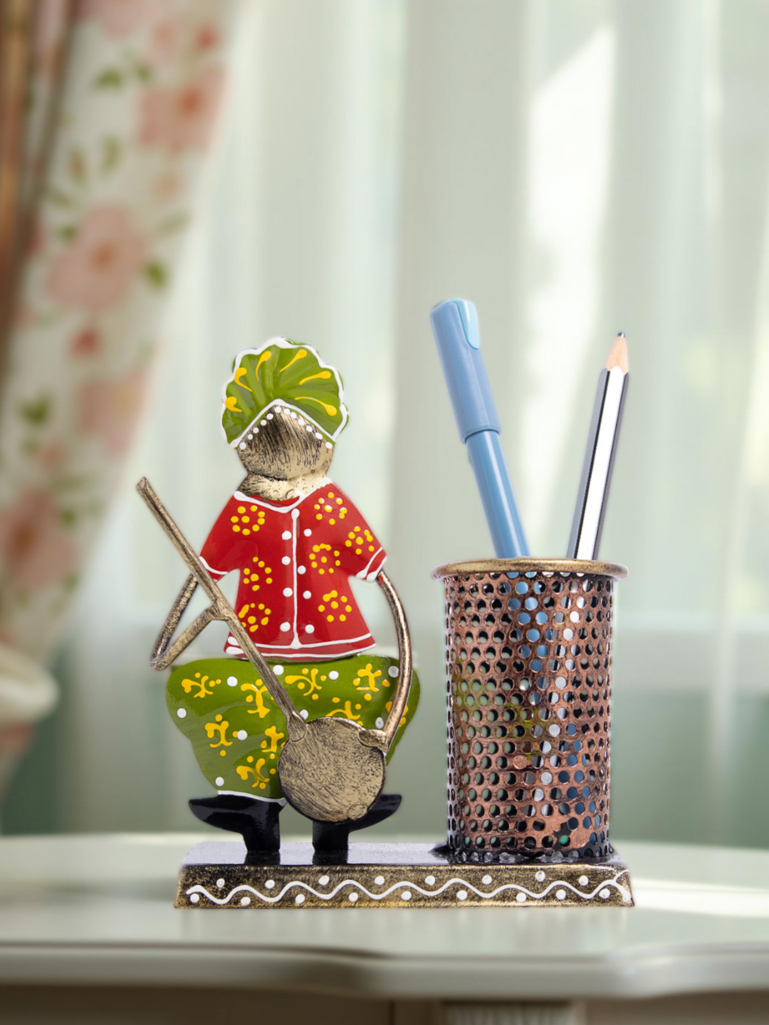 Golden Peacock Musician Pen Stand Green Metal Metallic Living Room Music Medium Showpiece - 4.3 Inches