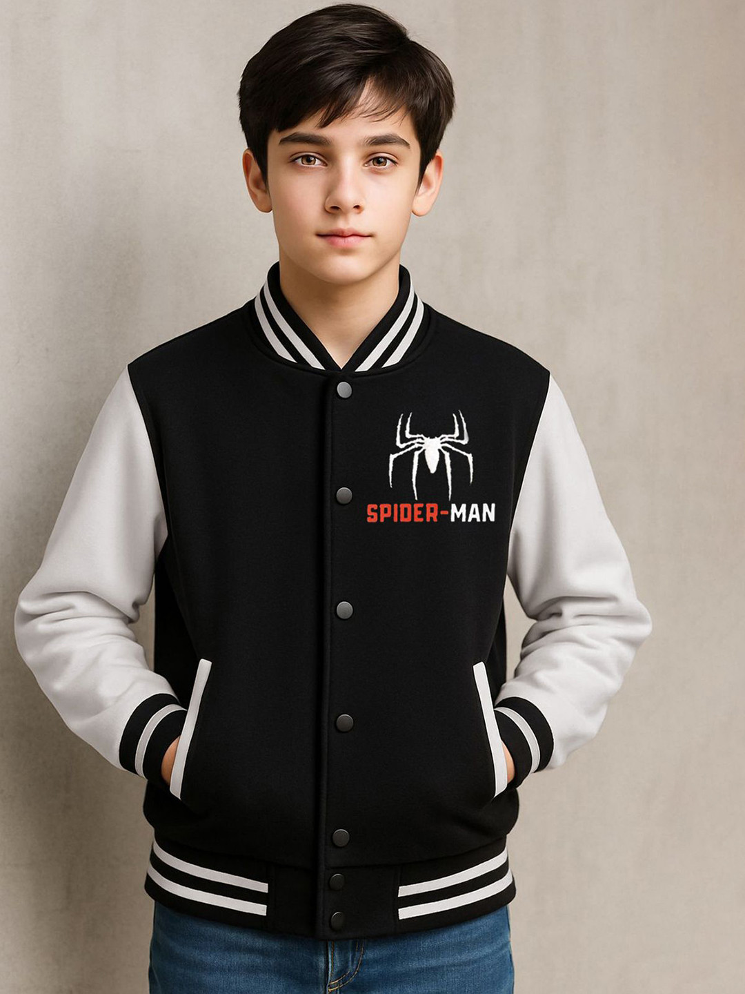 YK Marvel Boys Stand Collar Colourblocked Varsity Jacket