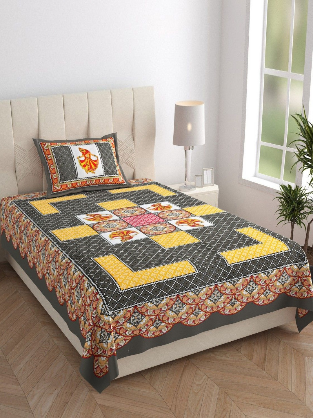 AC FASHION Grey & Yellow Ethnic Motifs 144 TC Single Bedsheet Set 1.50 m x 2.20 m