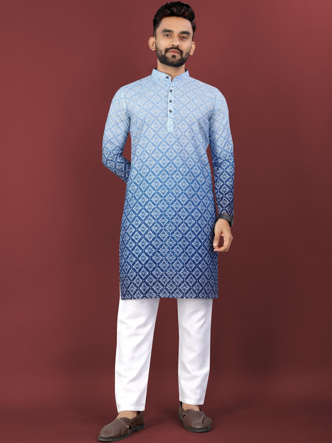 KRIJET Men Ombre Printed Sequinned Kurta with Pyjamas