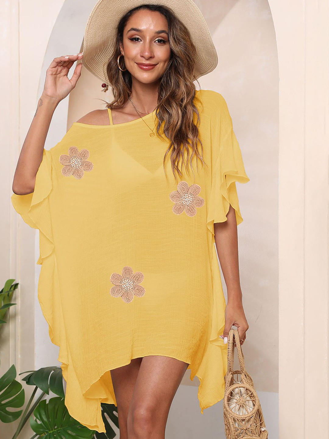 JC Mode Yellow Floral Embroidered Round Neck Swimwear Cover up Top