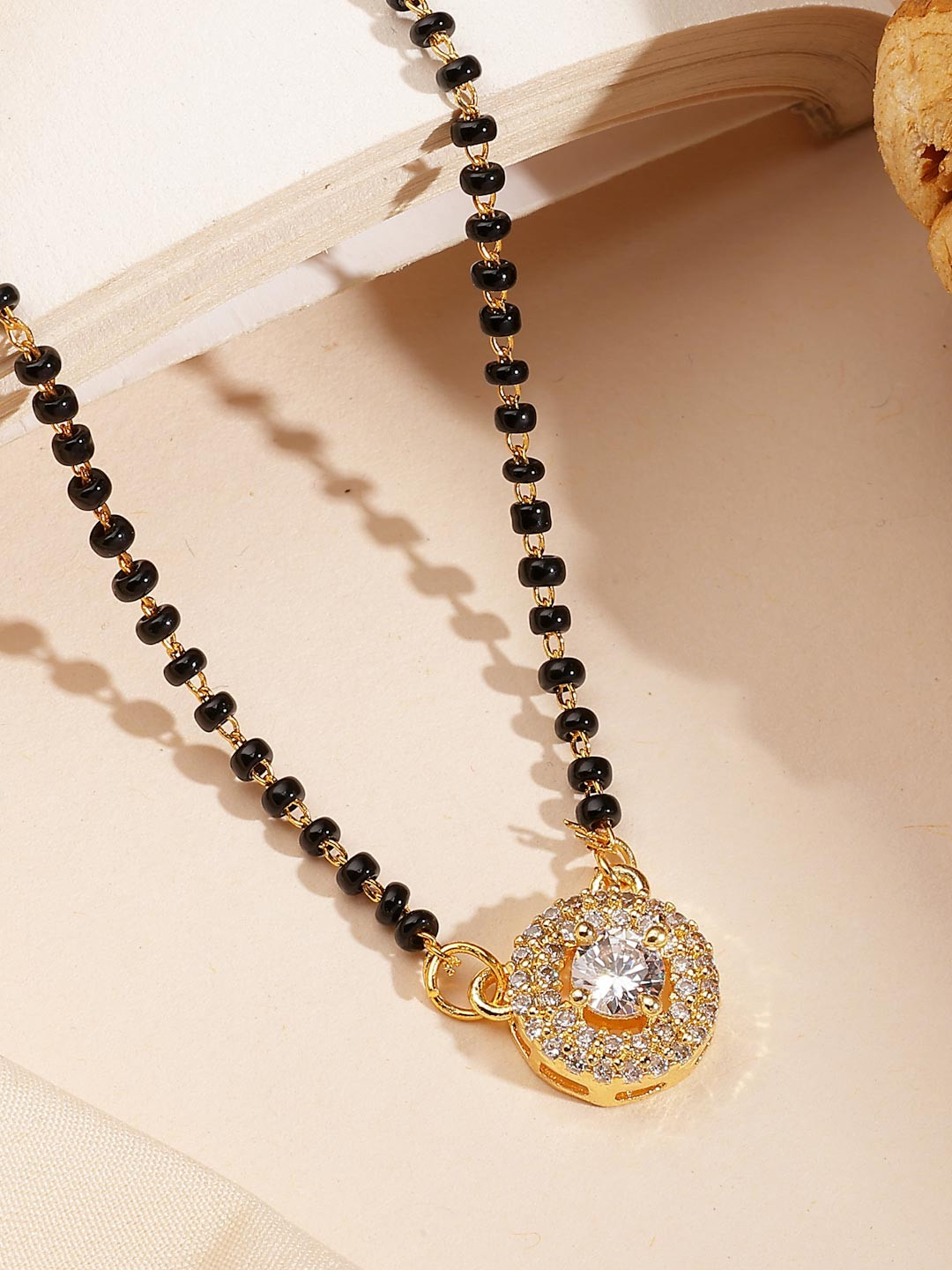 ADIVA 18K Gold-Plated American Diamond Studded & Beaded Mangalsutra