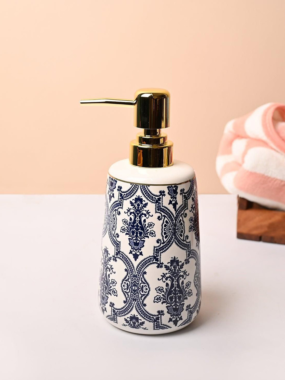 MARKET99 Damask White & Blue Ethnic Motifs Printed Ceramic Soap Dispenser