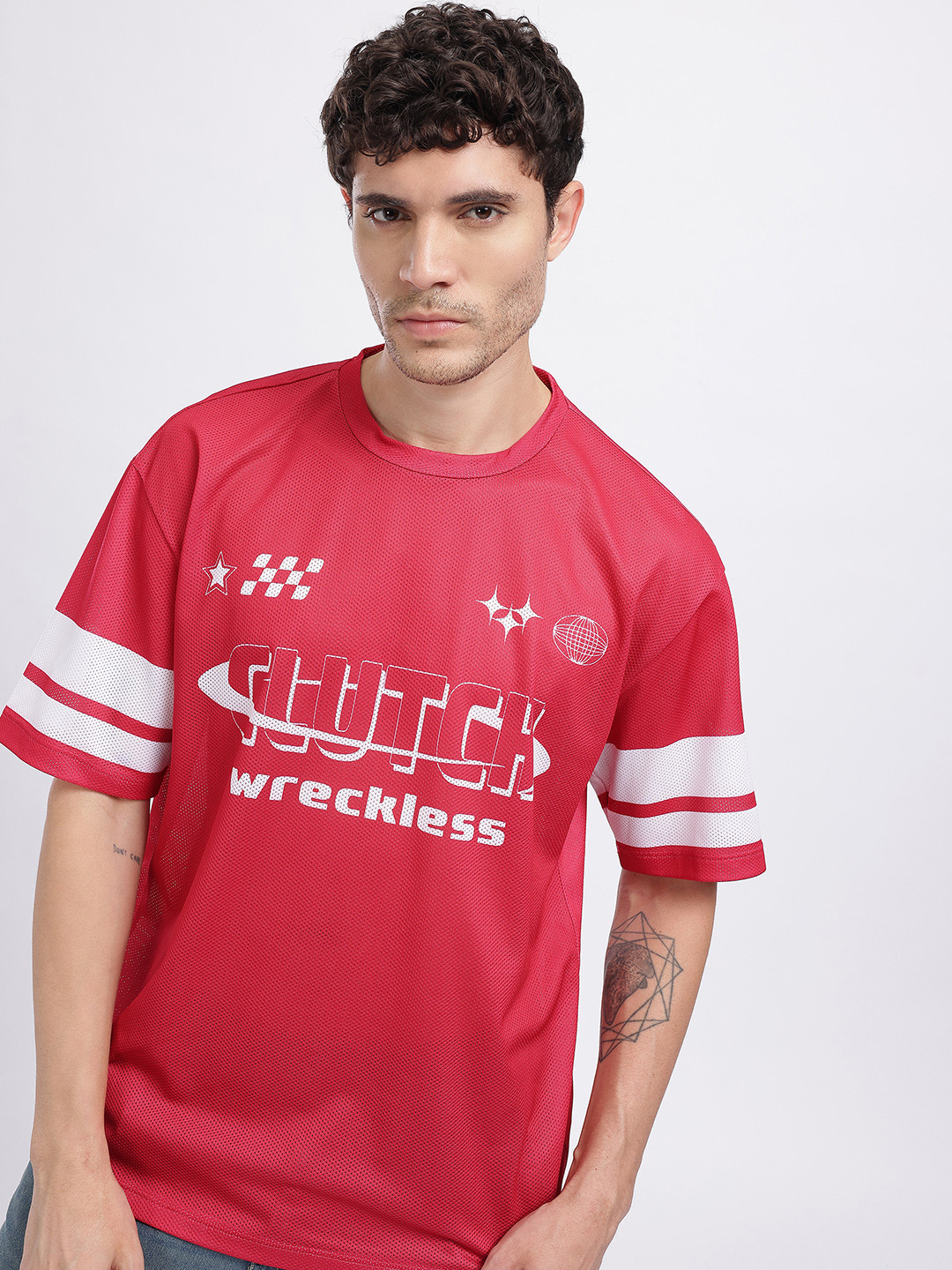 glitchez Typography Printed Raglan Sleeves T-shirt with Mesh Inserts
